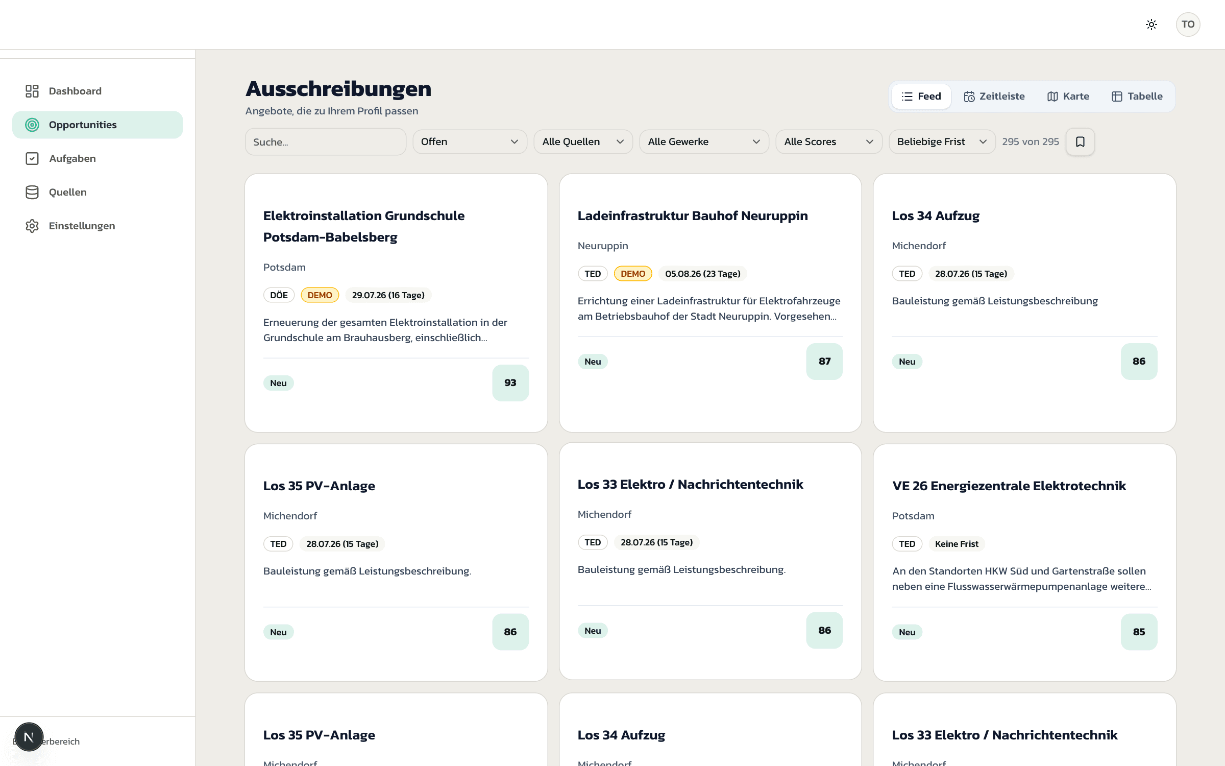 Zuschlagspilot Dashboard mit Trefferliste offener Ausschreibungen, sortiert nach Fit-Score