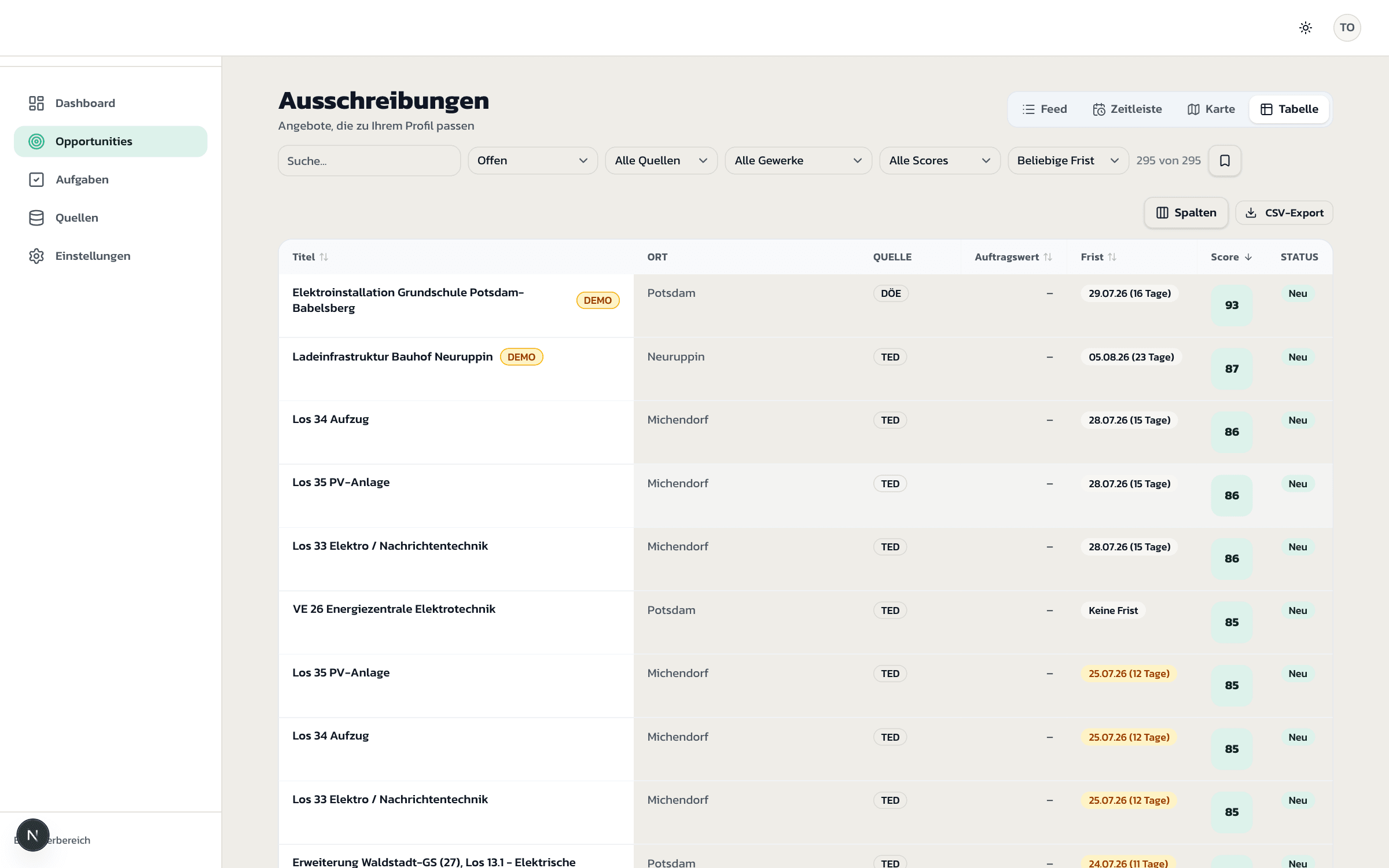 Tabelle mit Ausschreibungen und Fit-Score je Zeile